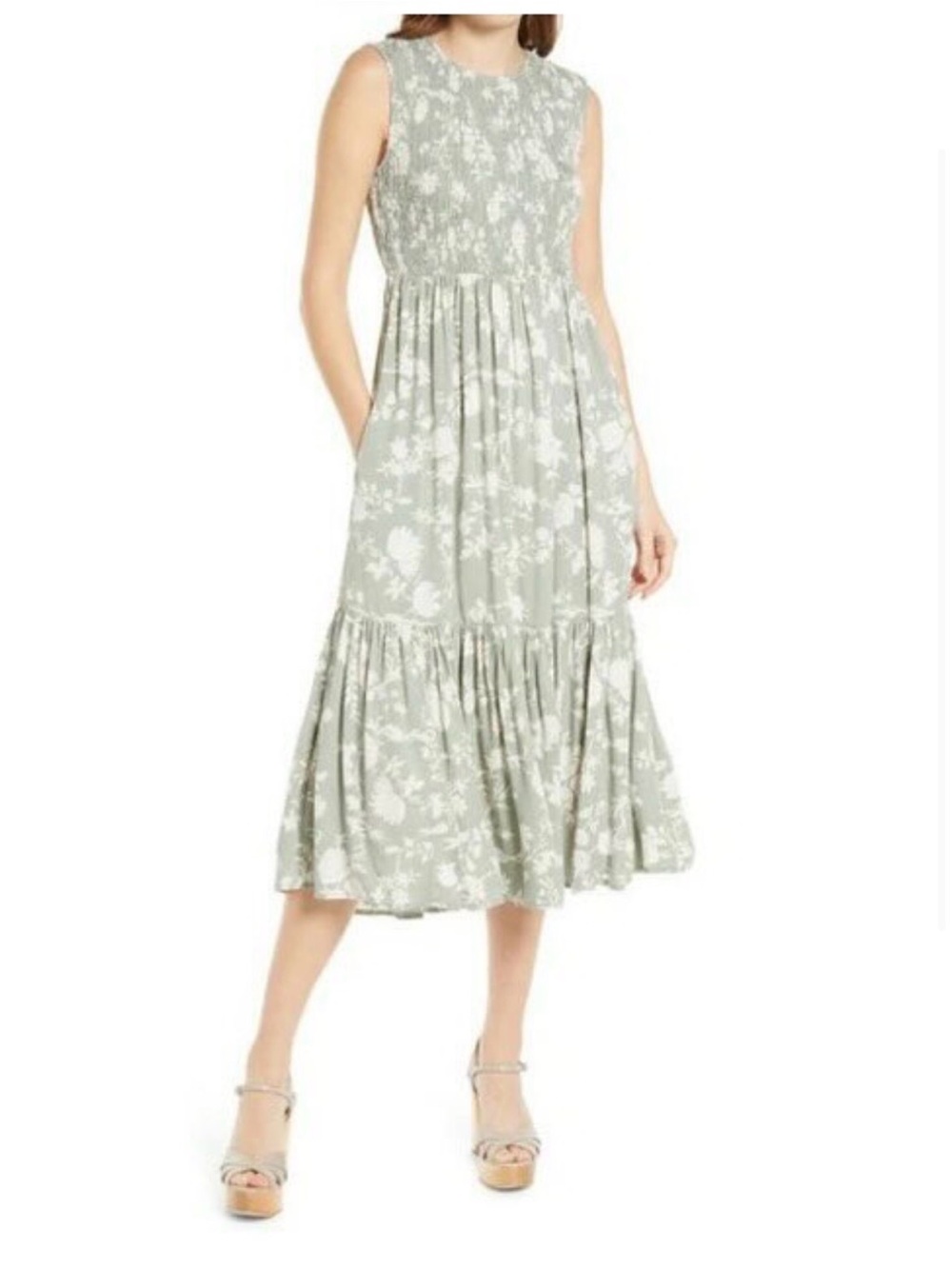 Treasure & Bond Green Floral Smocked Dress